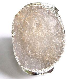 White Drusy Agate Cocktail Ring 68 carats on Adjustable Wide Hammered Band